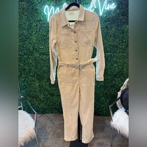 Garance Cream Corduroy Belted Jumpsuit